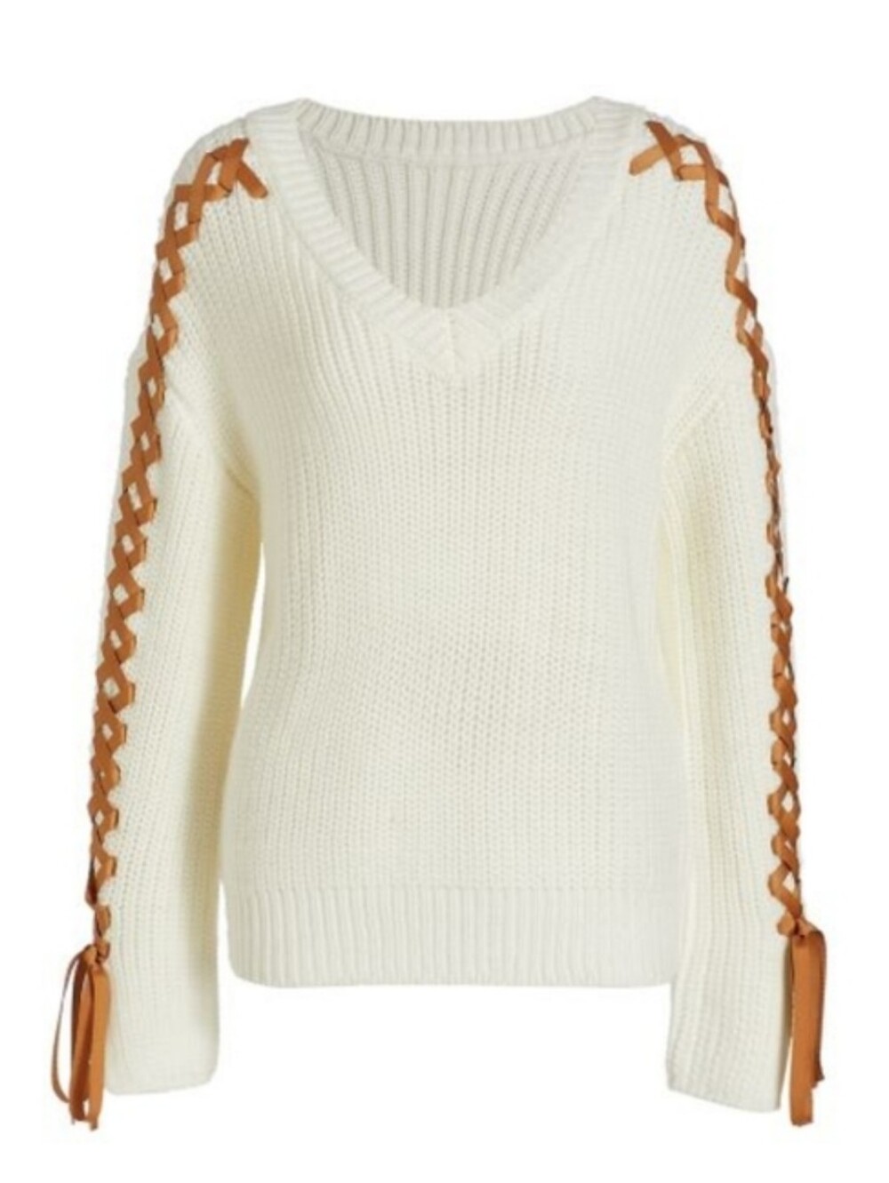 Cinq A Sept Cream V-Neck Sweater Tan Lace-Up Ties Bows Kawaii Cottage Cozy Knit